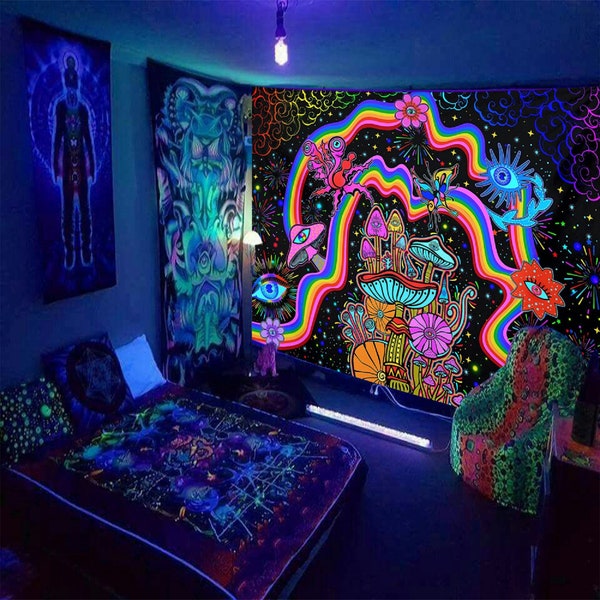 Tapisserie fluorescente, tenture murale champignon trippy, décoration de chambre esthétique, tapisserie hippie psychédélique UV lumière noire pour salon, chambre à coucher