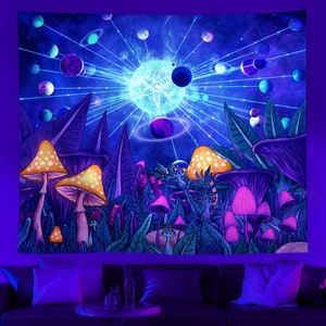 Psychedelic Mushroom Tapestry, Fluorescent Tapestries, UV Reactive Wall Hanging, Trippy Black Light Tapestry, Neon Galaxy Planets for Room