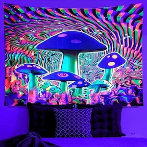 Blacklight Mandala Tapestry, Psychedelic UV Reactive Trippy Mushroom Wall Hanging, Fluorescent Neon Tapestries, Aesthetic Room Décor, Dorm