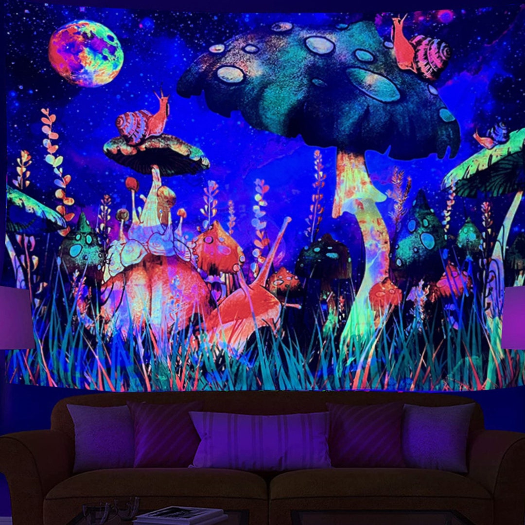 Black Light Mushroom Tapestry, Moon and Stars Aesthetic Tapestries, UV ...