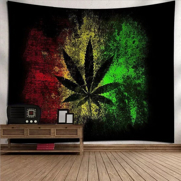Tapisserie Feuille de Marijuana, Tapisserie Psychédélique Weed Tenture Murale, Reggae Rasta Hippie Trippy Rasta Cannabis Tapisseries Murales Mandala