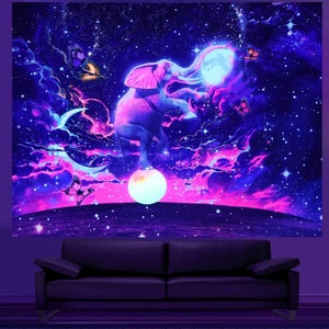 Elephant Tapestry, Blacklight Fantasy Yoga Tapestry, UV Reactive Universe Space Wall Hangings, Trippy Tapestry Blue For Living Room, Bedroom