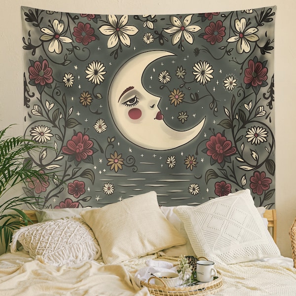 Crescent Moon, Boho Tapestry Wall Hanging, Floral Mandala, Lunar Flower Celestial  Aesthetic Room Décor , Huge Wall Art
