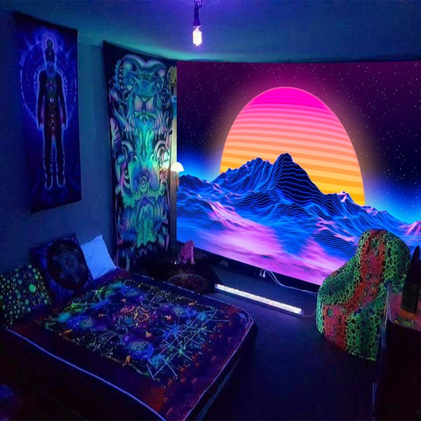 Synthwave Gobelin, Schwarzlicht Uv Reaktiver Wandbehang, Berglandschaft Wandbehang, Sonnenuntergang Wandbehang, Trippy Hintergrund, für Schlafzimmer Wohnheim