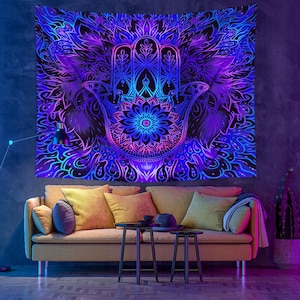Blacklight UV Tapestry, Hamsa Tapestry, Anti Evil Eye Wall Hanging, Fluorescent Charm Tapestry, Wall Art, Hamsa Wall Décor, for Living Room