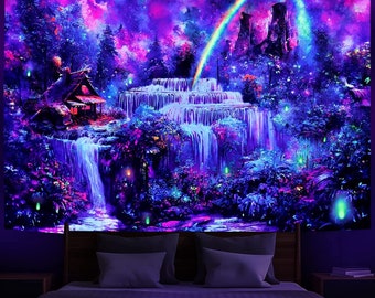 Blacklight Tapestry, Forest Tapestry, UV Reactive Fantasy Waterfall Rainbow Black Light Tapestry, Misty  Nature Landscape Wall Hanging Room