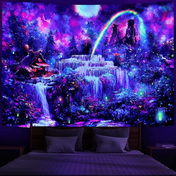 Blacklight Tapestry, Forest Tapestry, UV Reactive Fantasy Waterfall Rainbow Black Light Tapestry, Misty  Nature Landscape Wall Hanging Room