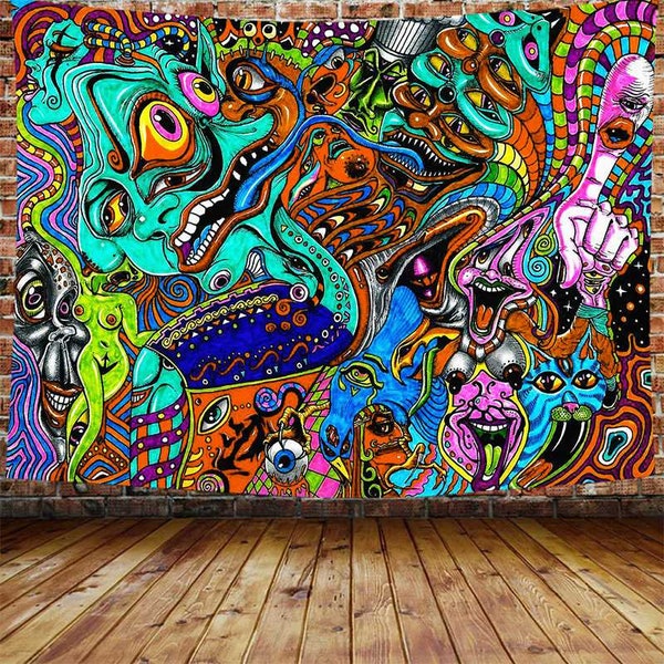 Tapisserie psychédélique, Trippy Tapisserie, Tenture murale fractale magique, Art mural abstrait, Mandala de tapisserie murale hippie, Chambre, Dortoir