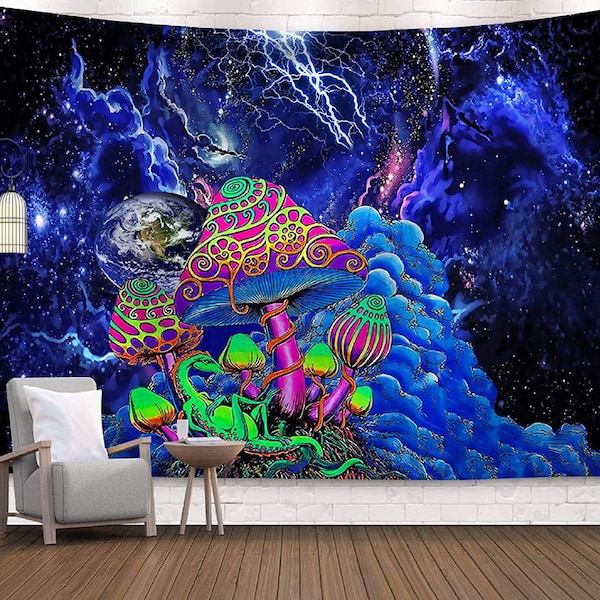 Mushroom Trippy Wall Tapestry Psychedelic Wall Hanging , Abstract Surreal Fantasy Space Tapestry, UFO Wall Hanging, Planet Wall Art