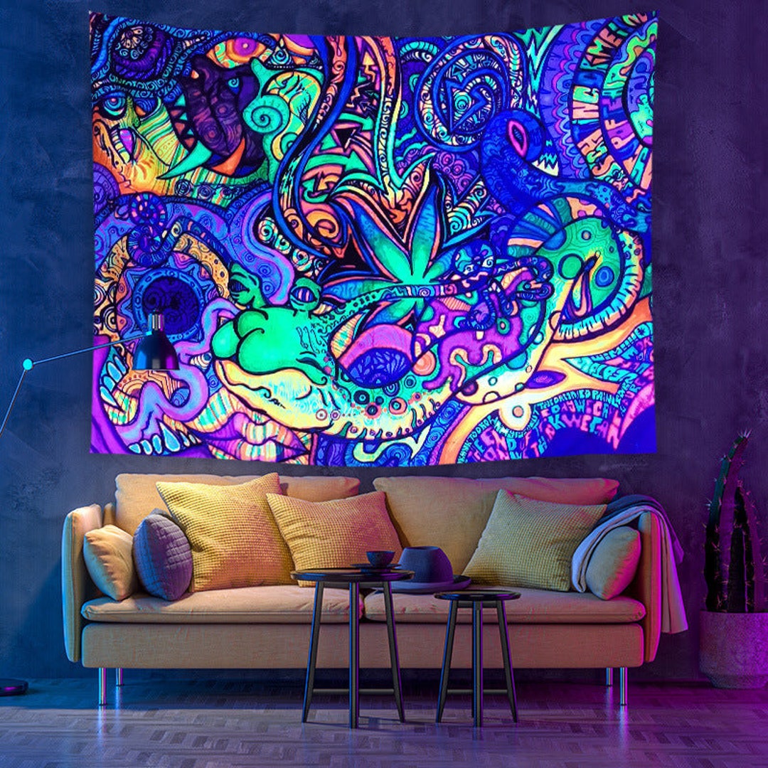 UV Black Light Neon Hippie Tapestry, Psychedelic Mushroom