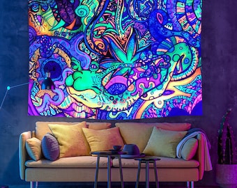 UV Black Light Neon Hippie Tapestry, Psychedelic Mushroom Fluorescent Wall Hanging Trippy Abstract Mandala Party Décor, Living Room, Dorm