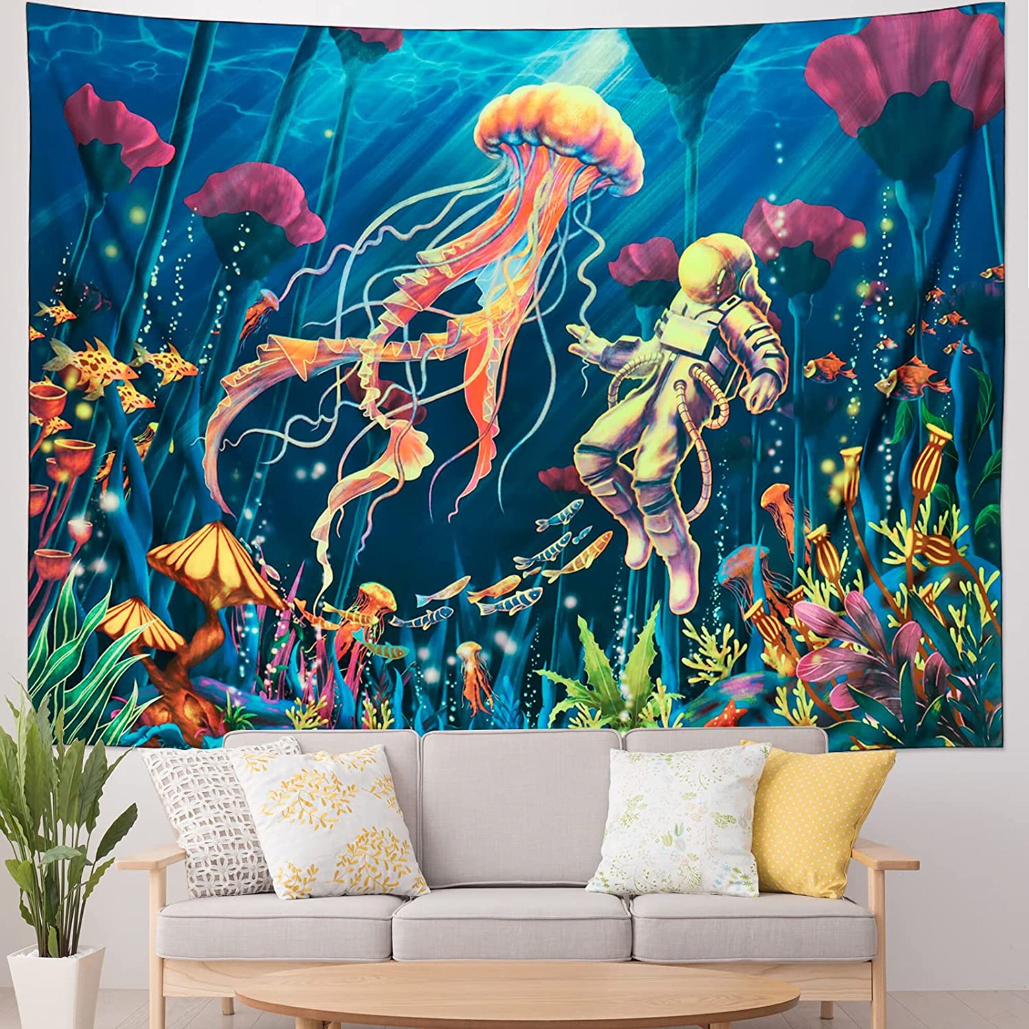 Blacklight Astronaut Tapestry UV Underwater World Jellyfish Wall