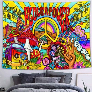 Tapisserie Flower Power, tenture murale hippie groovy, tapisseries bohèmes psychédéliques, déco hippie esthétique pour fête, chambre à coucher, salon