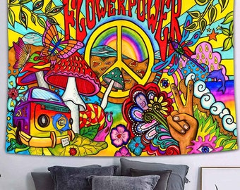 Tapisserie Flower Power, tenture murale hippie groovy, tapisseries bohèmes psychédéliques, déco hippie esthétique pour fête, chambre à coucher, salon