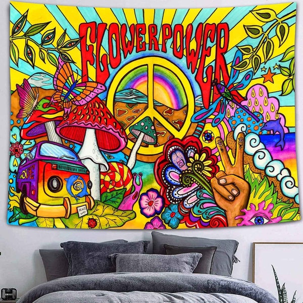 Flower Power Tapestry, Groovy Hippie Wall Hanging, Psychedelic Boho Tapestries, Hippie Decor Aesthetic for Party, Bedroom, Living Room