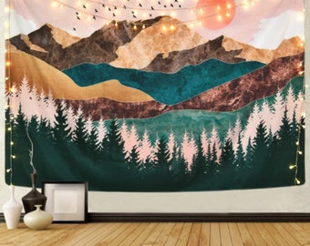 Mountain Tapestry, Scenery Wall Tapestry, Landscape Nature Wall Hanging, Forest  Pink Aesthetic Abstract Bedroom