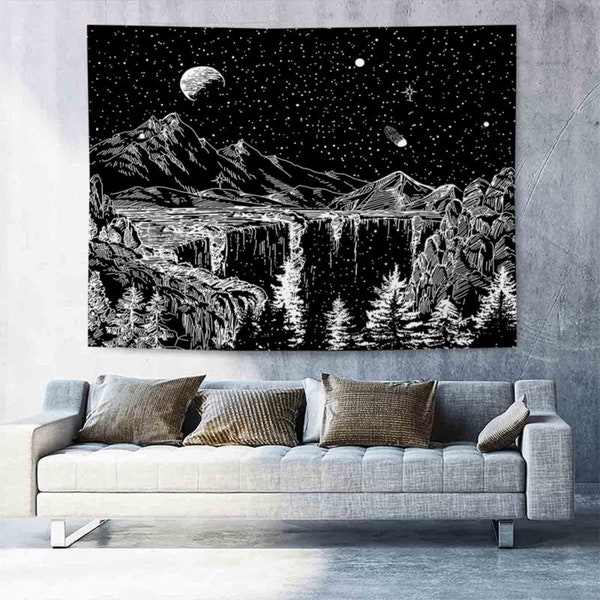 Black and White Tapestry, Starry Night Wall Hanging, Mountain Tapestry, Moon Stars Tapestry Trippy Nature Tapestry for Bedroom Living Room