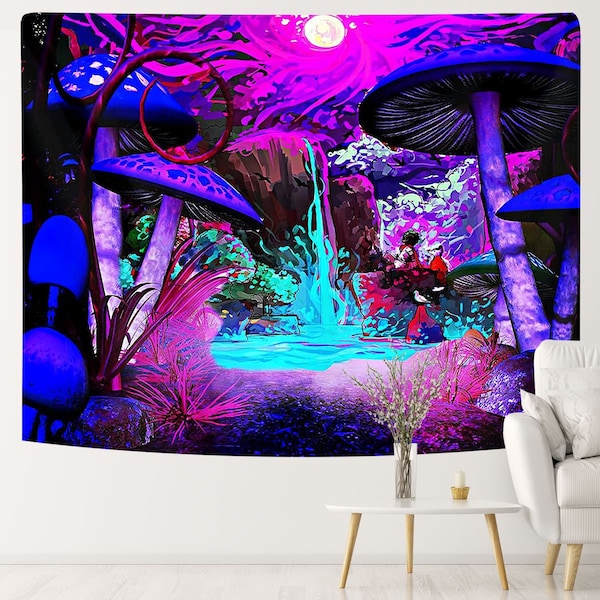 Mushroom Tapestry, Psychedelic Landscape Tapestries Trippy Tapestry, UV Abstract Aesthetic Wall Hanging, Hippie for Bedroom Dorm Décor