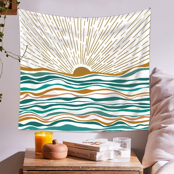 Bohemian Tapestry Wall Hanging, Boho Sun Tapestry, Wall Aesthetic Retro Décor, Minimalist Vintage Sunrise Sunset Tapestries for Bedroom