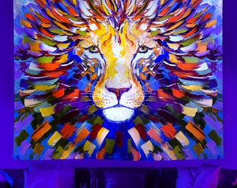 Lion UV Reactive Tapestry, Animal Tapestries , Fluorescent Black light Psychedelic Neon Trippy Wildlife King Wall Hanging For Backdrop Dorm