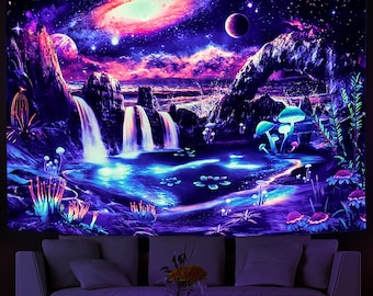 UV Black Light Wall Hanging, Fluorescent Galaxy Tapestry,  Trippy Fantasy Mountain Planet Tapestry, Psychedelic Mushroom, Waterfall Mandala