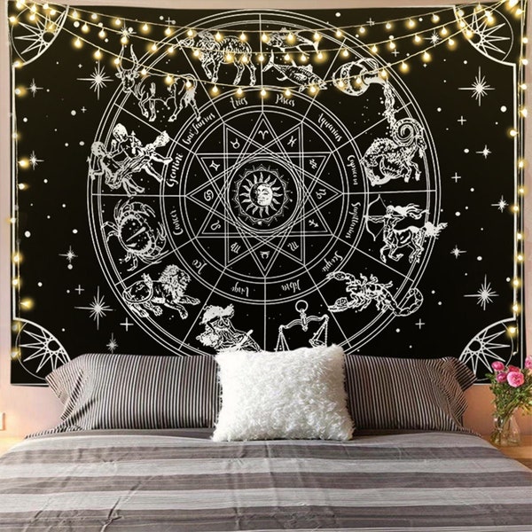 Tenture murale de constellation, tapisserie noire et blanche, tissu de tarot, mandala indien du zodiaque, salon et chambre à coucher d'art de mur d'astrologie