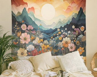 Tapisserie de fleurs sauvages, tapisseries de montagne, tapisserie de la nature, tapisserie Boho Sun, tenture murale paysage pour salon/chambre/dortoir Art de décoration