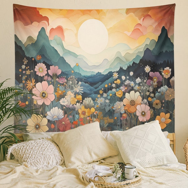 Tapisserie de fleurs sauvages, tapisseries de montagne, tapisserie de la nature, tapisserie Boho Sun, tenture murale paysage pour salon/chambre/dortoir Art de décoration