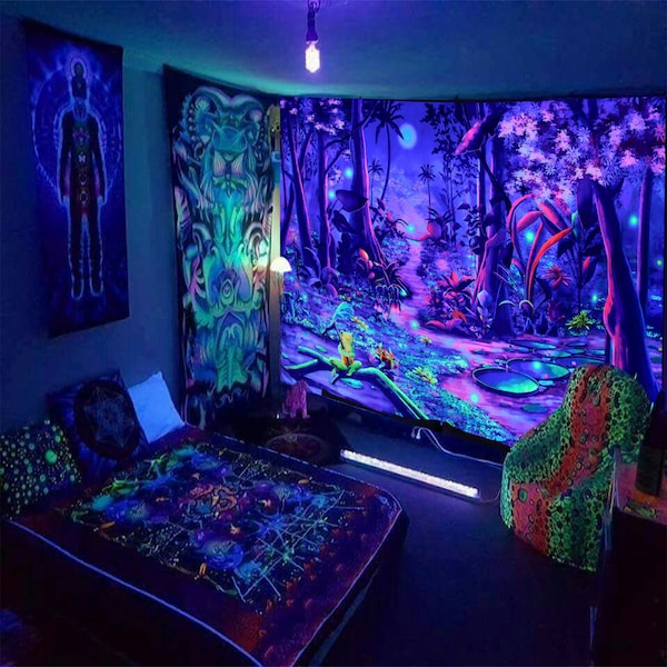 Blacklight Tapestry , UV Fantasy Forest Tapestry, Fluorescent Tapestry, Fantasy Forest Wall Hanging, Psychedelic Trippy Decor for Room