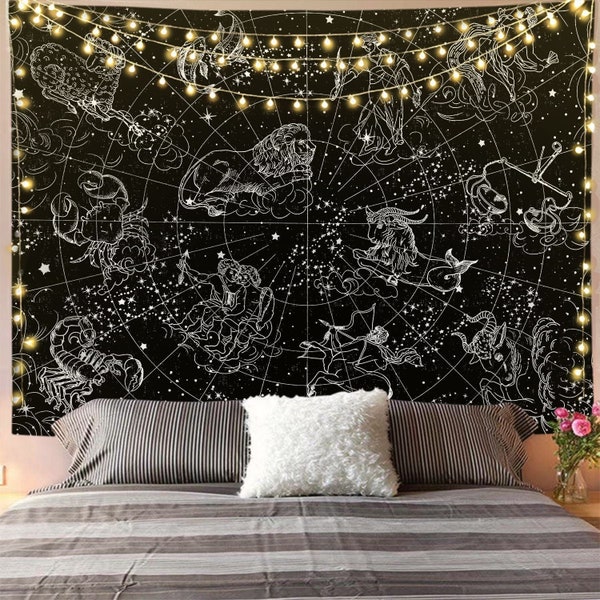 Tapisserie du zodiaque, Tenture murale d'étoiles de constellation, Art mural esthétique, Astrologie, Sorcière, Pagan, Tapisserie murale pour chambre à coucher, Dortoir