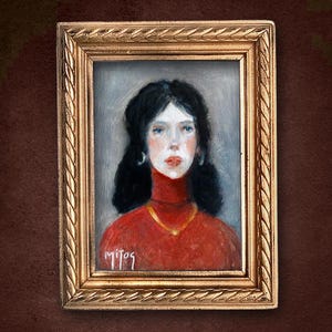 Pintura al óleo original / ACEO / miniatura / ATC / Art Card / retrato / firmada y catalogada por el artista Mitos