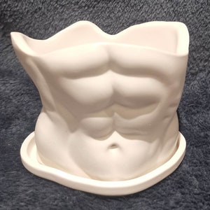 May include: White ceramic planter shaped like a human torso with defined abs. The planter has a separate saucer.