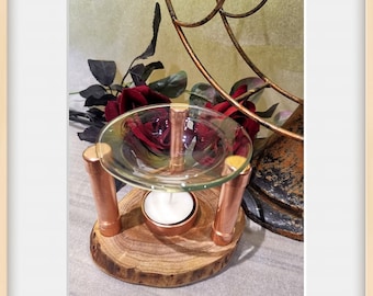 Handmade Copper Wax Melt Burner with Glass Dish & Wood Base