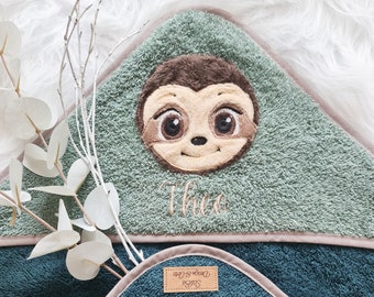 Handmade hooded towel with cuddly sloth, name & washcloth in 3 sizes 70x70 / 100x100 / 115 x 115 cm