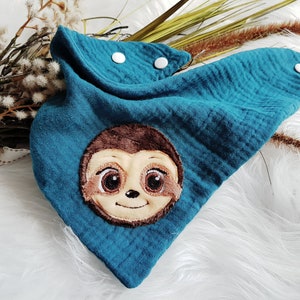 Handmade scarf with cuddly sloth & name available in two sizes
