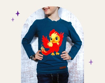 Handmade children's long-sleeved shirt with embroidered cuddly phoenix - available in many colors & sizes 74 to 164