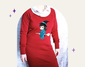 Handmade Damen Pullover mit aufgestickter kuscheliger Hexe - erhältlich in vielen Farben