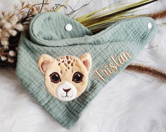 Handmade scarf with cuddly baby lion / lions & name available in two sizes