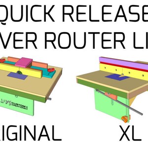 May include: A 3D illustration of two router lift systems. The system on the left is labeled "ORIGINAL" and the system on the right is labeled "XL". Both systems feature a lever for raising and lowering the router bit. The "XL" system has a larger fence than the "ORIGINAL" system.