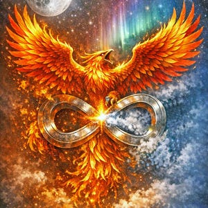 May include: A vibrant digital art piece featuring a phoenix with fiery orange and yellow feathers, wings spread wide. An infinity symbol is centered, with a full moon and starry sky in the background. The artwork evokes themes of rebirth and eternity.