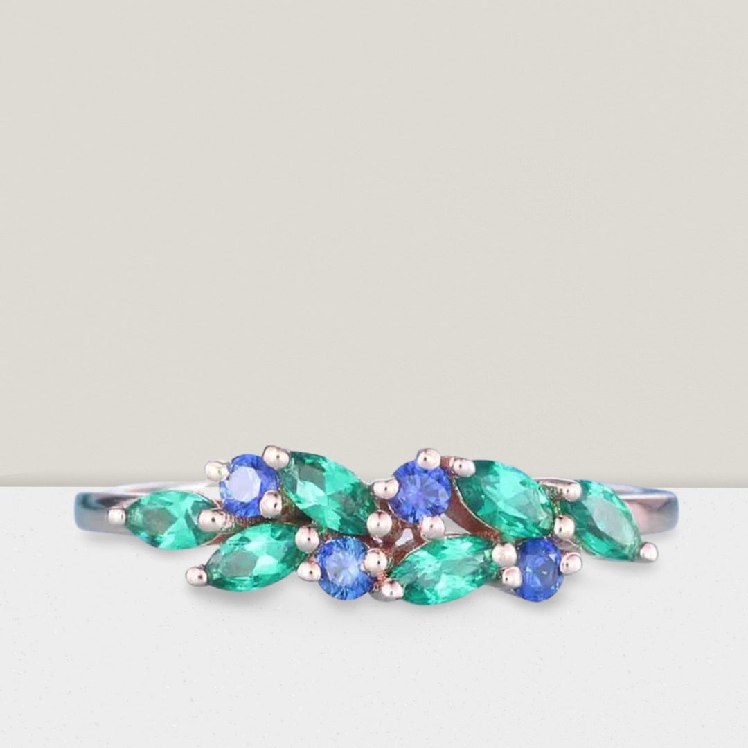 Sapphire and Emerald Ring Sapphire Round Ring Half Eternity Etsy