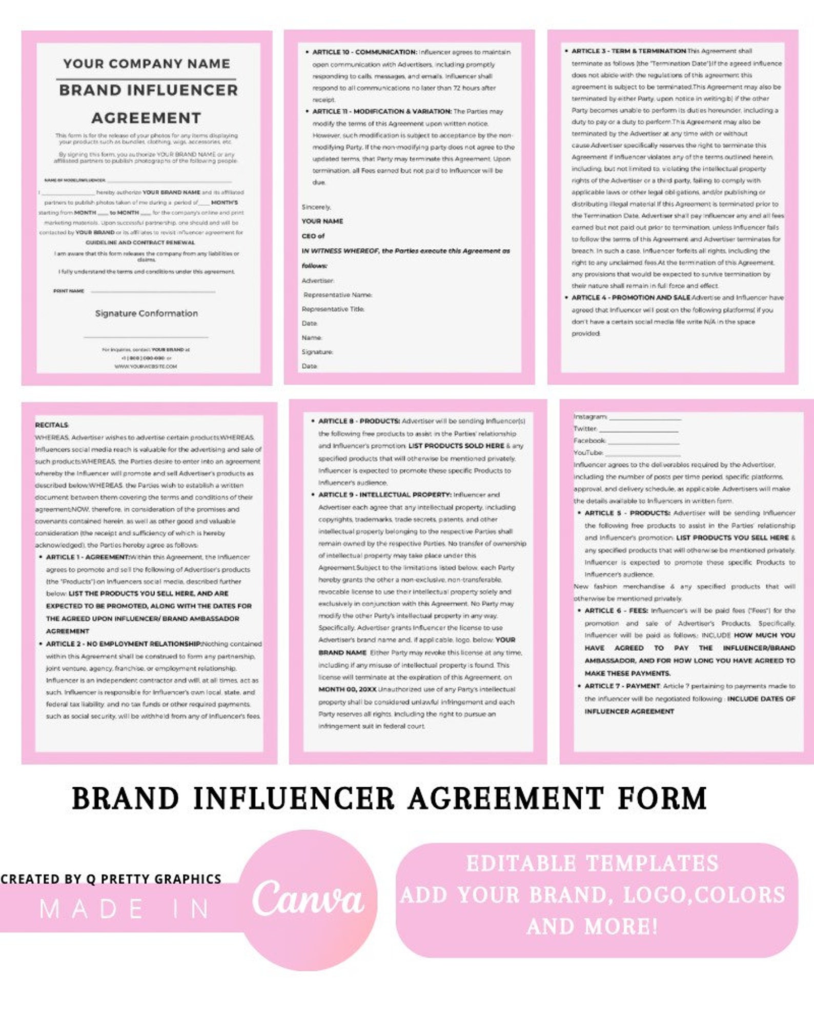 Brand Ambassador Agreement , Editable Social Media Influencer Agreement ...