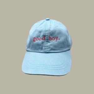 Personalizable good Boy custom embroidery mens baby blue pigment dyed cotton twill baseball hat cap by H.E.Arts