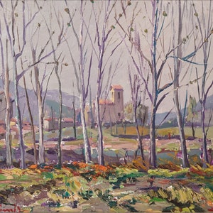 Milieu du siècle, peinture à l'huile vintage originale.  Paysage post impressionniste - Huile sur toile