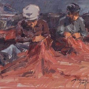 Milieu du siècle, peinture à l'huile vintage originale.  Étude post-impressionniste de pêcheurs réparant des filets - Albert Tomás Guillén