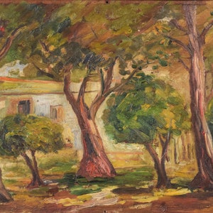 Milieu du siècle, peinture à l'huile vintage originale.  Post impressionniste - Huile d'arbres et de bâtiments