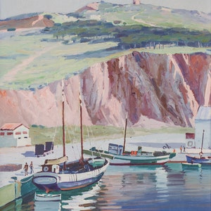 Milieu du siècle, peinture à l'huile vintage originale.  Ricard Tarrega Viladoms - Paysage post impressionniste avec bateaux