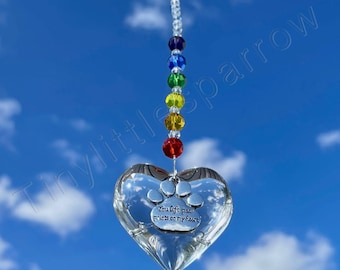 New Rainbow Bridge Pet loss Heart Sun Catcher ~ You left paw prints on my heart ~ Glass Beads ~ Memorial Keepsake ~ Dog or Cat Loss ~ Window