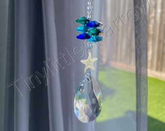 New Sun Catcher Mobile ~ Starfish and Glass Droplet ~ Blue Green Glass Beads ~ Beach Seaside ~ Window Home Decoration