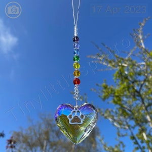 New Rainbow Bridge Pet loss Sun Catcher ~ Paw Print on a AB Glass Heart ~ Rainbow Glass Beads ~ Memorial Keepsake ~ Dog or Cat Loss ~ Window